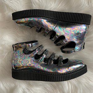 TUK Multi-Strap Mary Jane Creepers Oil Slick Holographic Size 10